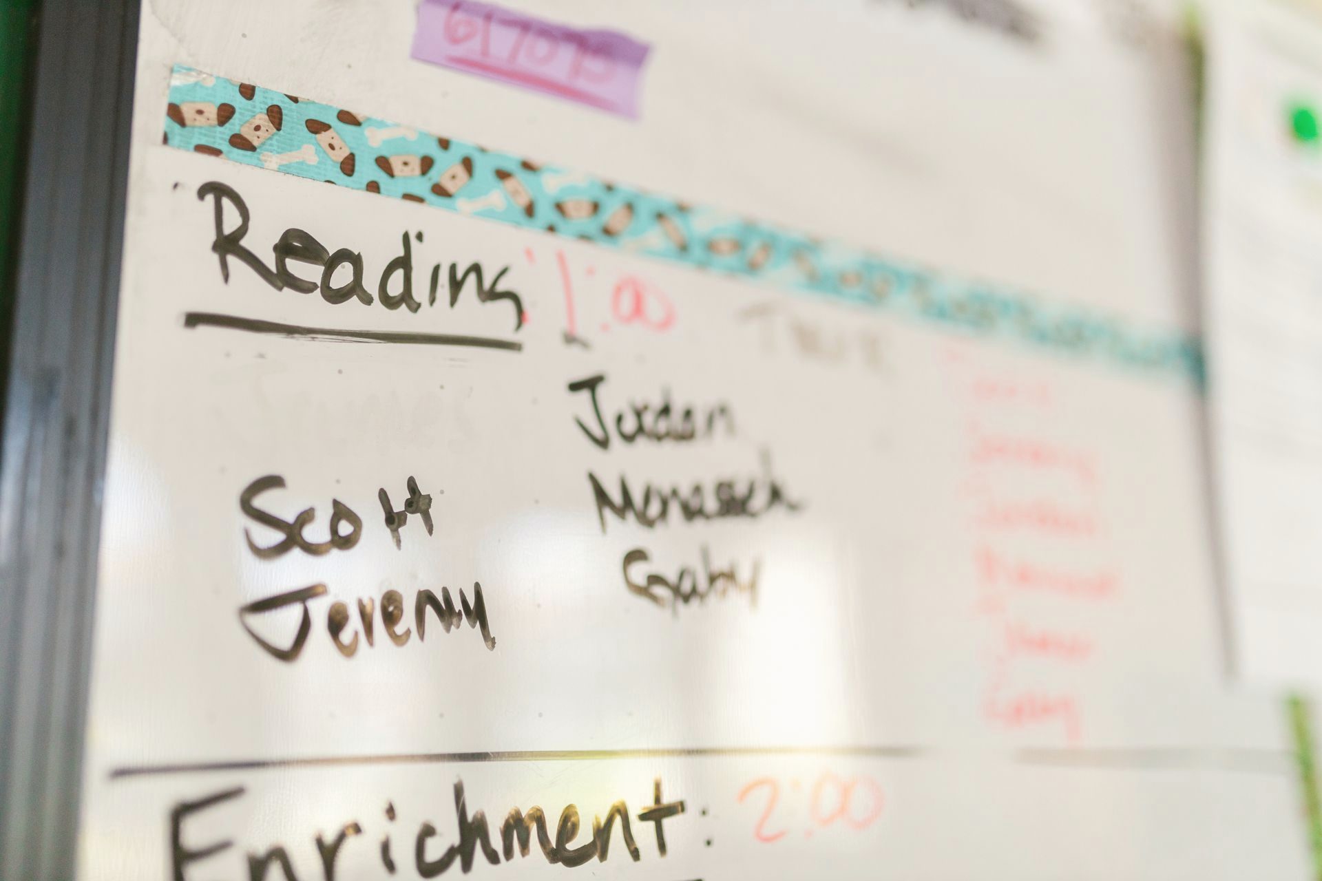 A classroom whiteboard showing the day's reading groups and times